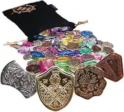 ENHANCE Tabletop Treasure Token Set - 40 Metal MTG Tokens (10 of Each Design), Assorted Acrylic Gems (40+), Drawstring Bag - RPG Counter for MTG, DND Coins and Tabletop Games