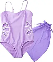 [EachEver] Girls Swimsuit Adjustable Straps Cut Out One Piece Bathing Suit with Cover Up Skirt Girls' Swimwear, Purple, 11-12 Years