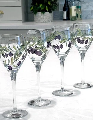 Hand Painted Olives Etched Wine Glasses Crystal Stemware ~Set of 4 ~Romania