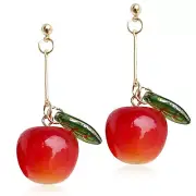 18K Gold Plated Fruit Earring 3D Green Leaf Red Cherry Charm Tassel Dangle Drop
