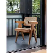 實木餐椅日式侘寂風藤椅家用藤編靠背昌迪加爾椅北歐復古簡約椅子