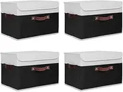 [ANMINY] 4PCS Storage Boxes with Lid Washable Decorative Storage Bins Basket with PU Leather Handle Foldable Linen Fabric Storage Cubes Containers for Home Closet Organizer - Black White, Large Size