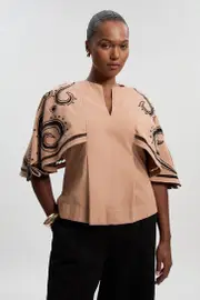 Plus Size Baroque Embroidered Cape Sleeve Woven Twill Top
