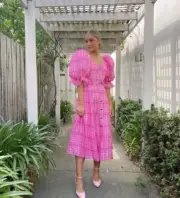 NEW Aje Sz AU 8 US 4 Pink Check Bungalow Puff Sleeve Belted Midi Dress RRP $695