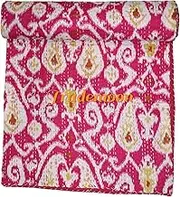 Beautiful Indian Handmade Cotton Kantha Quilt, Ikat Flower Pattern with Colorfull Accents, Traditional Indian Blanket Size (King 108" x 108")