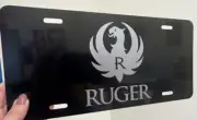 Gloss black license plate tag silver metallic Ruger logo gun firearm