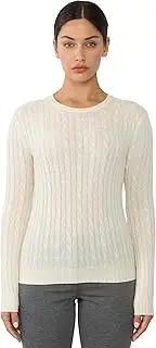 [JENNIE LIU] Women's 100% Cashmere Cable-Knit Long Sleeve Pullover Crew Neck Sweater, Cream, Medium