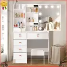 White Dressing Table Vanity Makeup Desk With 6 Drawers, Stool, LED Light Mirror