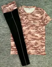 Victoria's Secret Pink Camo Campus Tee Shirt + Leggings Set Cocoa Powder Black L