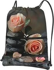 EdWal Spa Stone And Rose Flowers Print Drawstring Backpack Gym Bags Sports Bags With Zipper Pocket For Travel Swimming Beach, Black, One Size