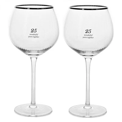 25th Anniversary Gin Glass Set Silver Ridge Glasses with silver Wording