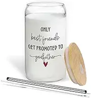 BEHIFL Get Promoted to Godfather Glass Cup with Lids and Straws 14oz, Godfather Gifts from Godchild Glass Coffee Tumbler Drinking Jars with Cleaning Brush