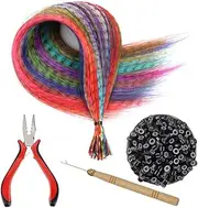 Synthetic Hair Extension Kits, Wanfoou 50 Pieces Synthetic Feather Hair Extension Colored Synthetic Hair Feather 13 Colors Colorful False Hair Extension Straight Hair Feather with Pliers, Hook, 100 Beads
