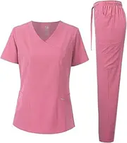 [Dagacci Medical Uniform] Women's Scrub Set 4-Way Stretch Y-Neck Stitch Tape Top and Pants