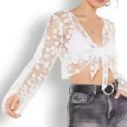 Nasty Gal White Oh Sheer Oh Sheer Crop Top Sheer Mesh Floral Embroidery AU 6