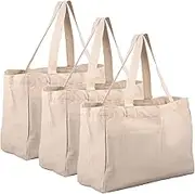 Reusable Canvas Tote Bags Large Grocery Shopping Bag Foldable, Washable Canvas Grocery Bag Machine Washable with Handles with 6 Inner Pockets for Grocery Store Camping Outdoor