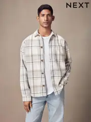 Neutral Wool Blend Check Shacket Overshirt (N55709) | $43
