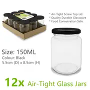 12x Air Tight Small 150ML Glass Jars w Black Lids Food Bottle Jam Spice Storage