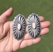 Native American Sterling Silver Pink Conch Shell Huge Oval Concho Earrings Fab!