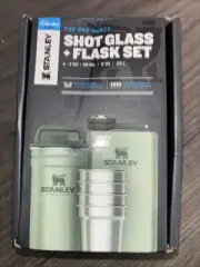 Stanley 8 Oz Flask Big Adventure Green w 4 Shot Glass Cup Set Hammertone Green