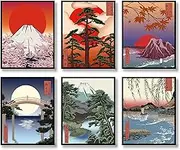 Japanese Wall Art Prints Set of 6 Japan Landscape Posters Vintage Wall Decor Ukiyoe Paintings Aesthetic Scenery Retro Abstract Photo Mount Fuji Picture Canvas Art Painting for Living Room Bedroom Wall