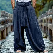 Men's Linen Pants Trousers Summer Pants Drawstring Elastic Waist Wide Leg Plain Comfort Breathable Full Length Casual Daily Holiday Fashion Classic Style White