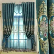 Embroidery Chenille Curtain Fabric Hollow Tulle Window Drape Cloth Blackout Blue