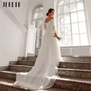 Off the Shoulder Chiffon Boho Wedding Dress V-Neck Long Lantern Sleeves A-Line