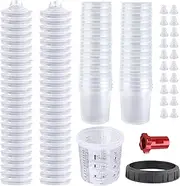 Disposable Paint Gun Cup, HVLP Paint Sprayer Gun Mixing Cups 20 Ounce(600ML) Kit with 50 Cups and Lids System, 10 Plugs and 1 Hard Cup with Retainer Ring, 1 Cup Adapter