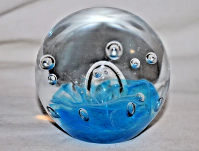 10" circum. CRYSTAL BALL sphere LARGE BUBBLE UNIQUE Blue swirl PAPERWEIGHT