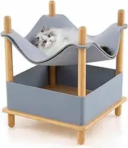 Costway 2-Tier Wooden Cat House, Modern Cat Tree w/Semi-Enclosed Condo, Removable Clothes, Storage Space, All Season Elevated Cat Bed Hammock, Small Pet Furniture for Indoor Kittens