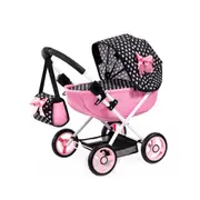 Bayer Cosy Doll Pram Pink With Black Hood & Pink Bow For Dolls Up To 46cm