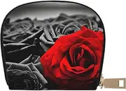 [JEJEA] Black White and Red Roses Print Credit Card Holder Wallet, Small Card Holder Wallet with Zipper,Leather Card Holder, White, One Size