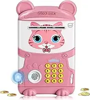 MIAOKE Piggy Bank for Kids Auto-Roll Cash Saving Bank with Password & Fingerprint Unlock, Safe & Cute Blue Dog Design, Ages 4-12-Pink