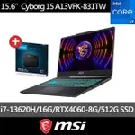 1T外接硬碟組★【MSI 】15.6吋I7 RTX4060-8G 電競筆電(CYBORG 15/I7-13620H/16G/512G SSD/W11/831TW)