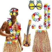 Hawaii Outfit Women's Men, Hawaiian Grass Skirts Costume with Hula Skirt, Flower Chains, Flowers Headband, Bracelet for Hawaii Decoration, Tropical Beach Party (1 Piece, Multicoloured Men)