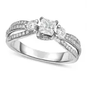 1.0 CT. T.W. Princess-Cut Natural Diamond Three Stone Split Shank Engagement Ring in Solid 14K White Gold