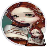 Big Eyed Beautiful Princess Girl and Nautilus Shell Round Beach Towel