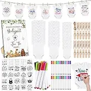126 Pcs Baby Shower DIY Bodysuit Set Rustic Kraft Baby Shower Game Sign DIY Bibs 25 Blank White Newborn Bodysuit 25 Fabric Marker 24 Markers 1 Sign and Stencils for Gender Reveal(Woodland Animals)