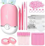 Modacraft Eyelash Extension Supplies Kit for Beginners with USB Air Conditioning Blower 2 Lash Tweezers, 100 Mascara Brushes, 50 Micro Applicators 50 Ring Cup Holders, 2 Tapes 10 Eye Gel Pads