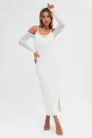 White Maxi Dress Long Sleeve Cold Shoulder Mesh Textured - Size M, Women's Maxi Dress