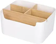 Segarty White Remote Control Holder, Divided Bamboo Desktop Organizer, Detachable Pen Pencil Holder, Morden Desk Storage Box Caddy for Office Home Nightstand Bedside Accessories