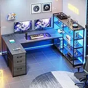 SEDETA - Corner Computer Desk, U-Shaped Reversible Office Desk with 3 Fabric Drawers and Power Outlet, Corner Gaming Desk with LED Lights, Shelves