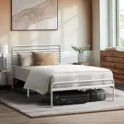 Oikiture Bed Frame King Single Metal Bed Base with Headboard White