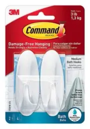 Command Medium Bath Hook 2/Pk White Water-Resistant Strips School Office Home