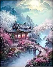 Oriental Landscape Paint by Numbers Kit for Adults - DIY Garden Pavilion with Blossoms Painting on Canvas 16x20 Inches, Acrylic Paint Set,Suitable for Beginners,Art for Home Decoration/Gifts