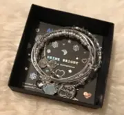 Alex and Ani BE MERRY SET OF 4 Shiny Silver Charm Bangles New W/ Tag Card & Box