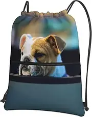 EdWal Cute Bulldog Print Drawstring Backpack Gym Bags Sports Bags With Zipper Pocket For Travel Beach, Black, One Size