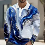 Men's Geometic Marble Polo Long Sleeve Polo Shirts Lapel Casual Athleisure Daily Wear 3D Print Buttons Spring Fall Winter Blue Purple Green