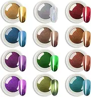 U-Shinein Chrome Metal Mirror Effect Nail Art Powder - Holographic Ice Aurora Dust, White Chrome, Home DIY With Sponge Sticks - 6 Colors Glitter, 12 Colors Total